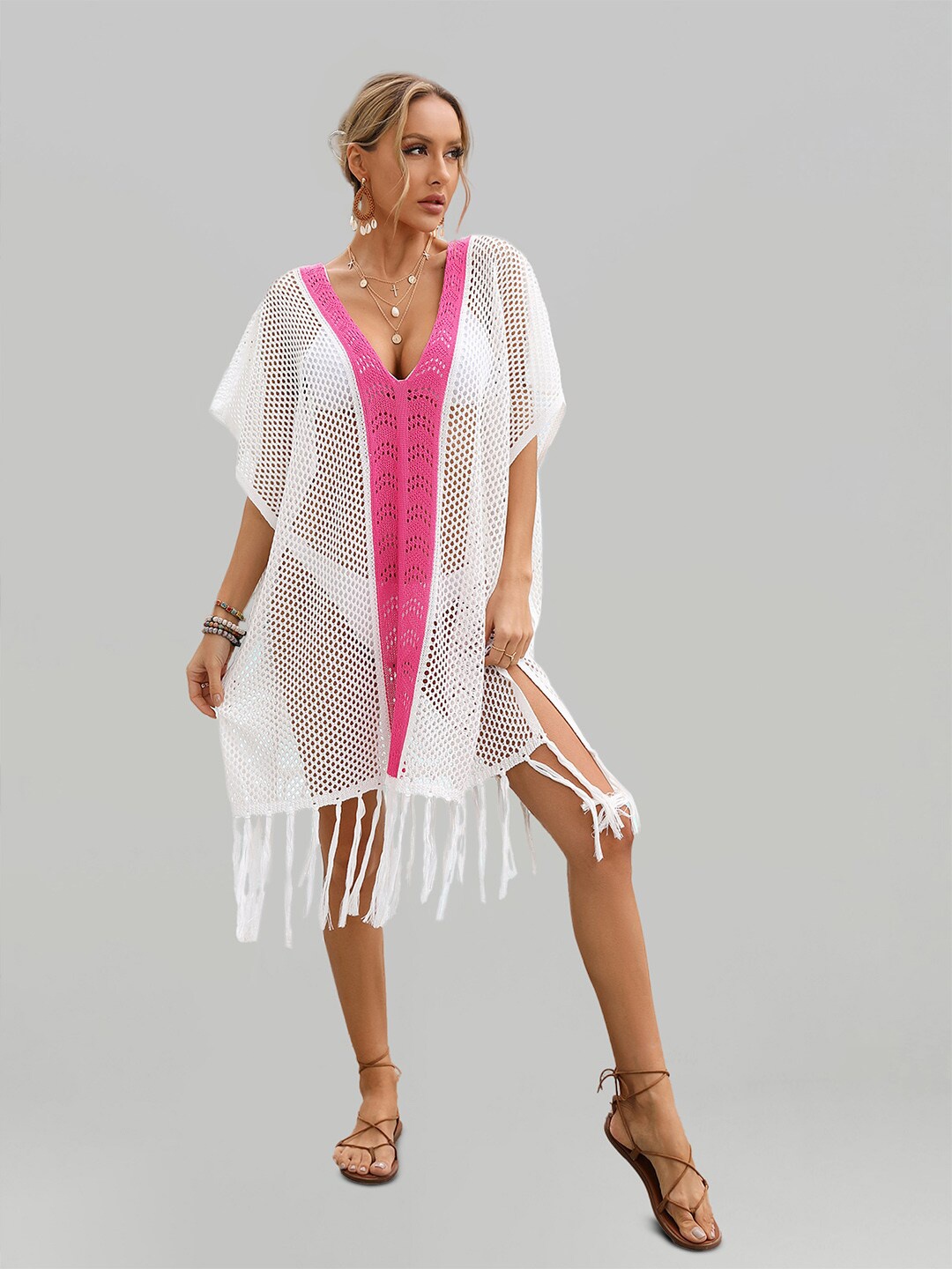 

JC Collection Self Design Colourblocked Fringed Semi Sheer Swimwear Cover Up Top, Pink