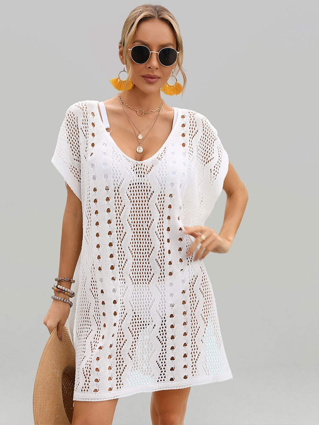 

JC Collection Knitted Sheer Swimwear Cover up Top, White