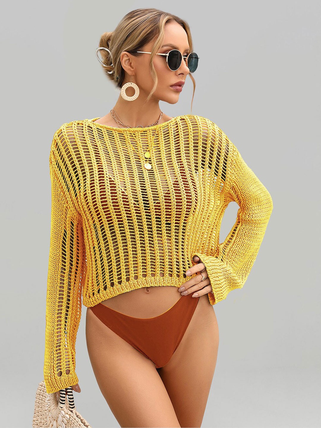 

JC Collection Self Design Knitted Swimwear Cover up Top, Yellow