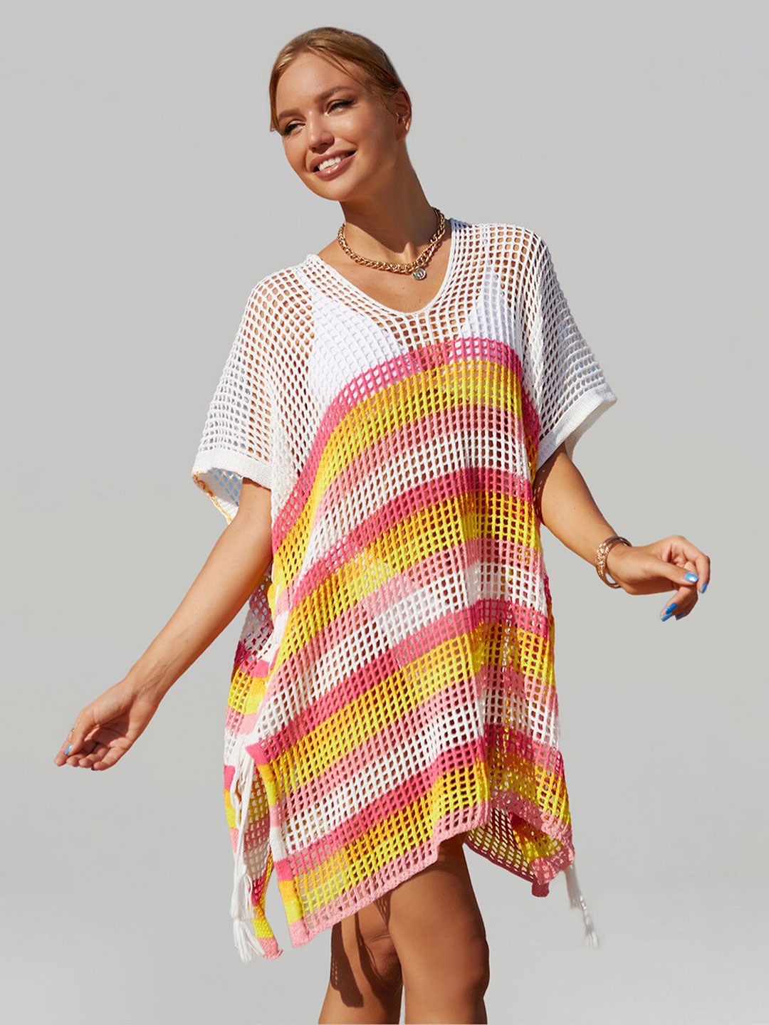

JC Collection Striped Swimwear Cover Up Kaftan Dress, White