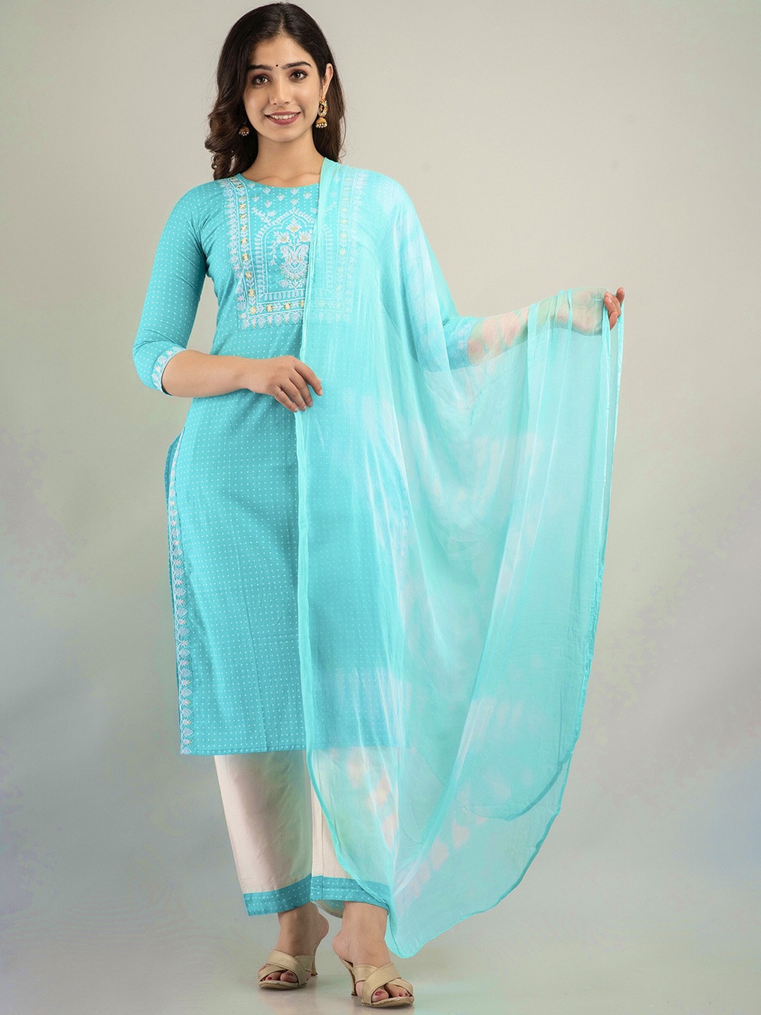 

KALINI Ethnic Embroidered Regular Straight Kurta With Palazzos & Dupatta, Sea green