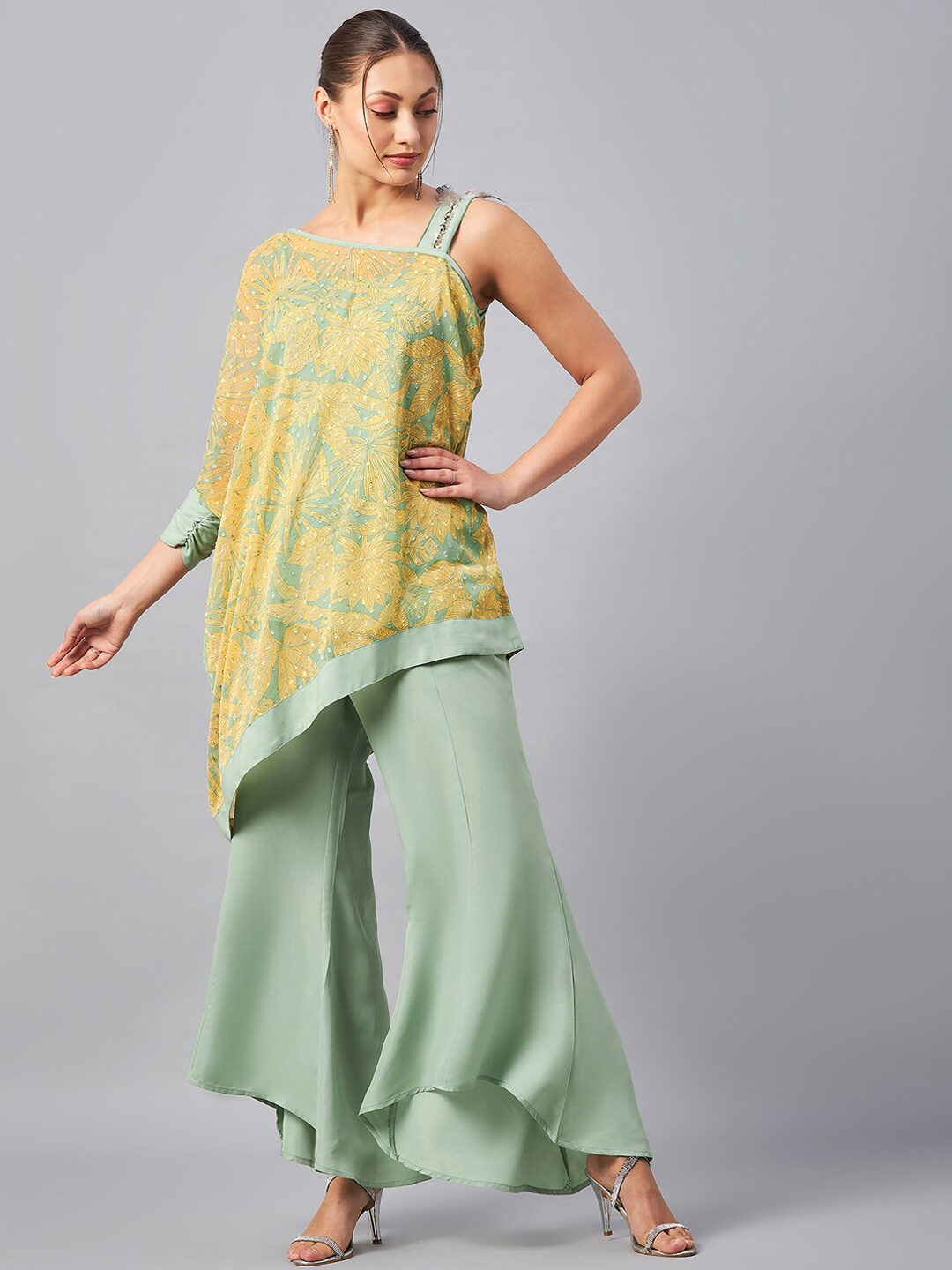 

Antheaa Self Design One Shoulder Tunic With Flared Palazzos, Yellow