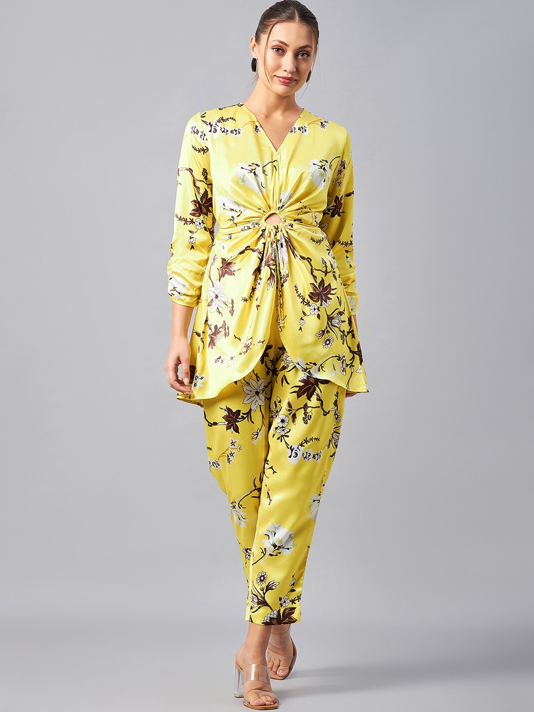 

Antheaa Floral Printed V-Neck Tunic With Trousers Co-Ords, Yellow