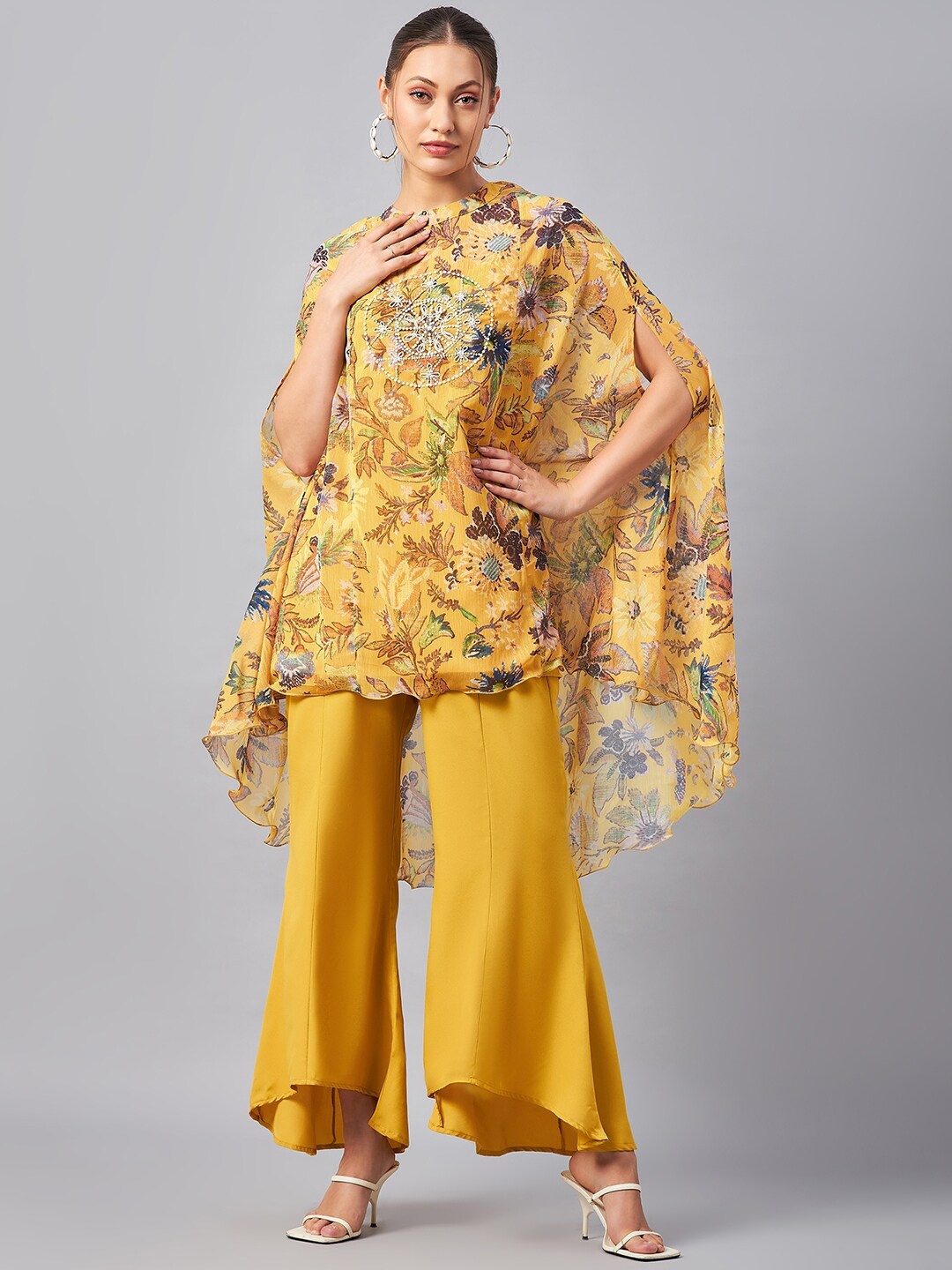 

Antheaa Floral Printed Round Neck Tunic With Flared Palazzos Co-Ords, Yellow