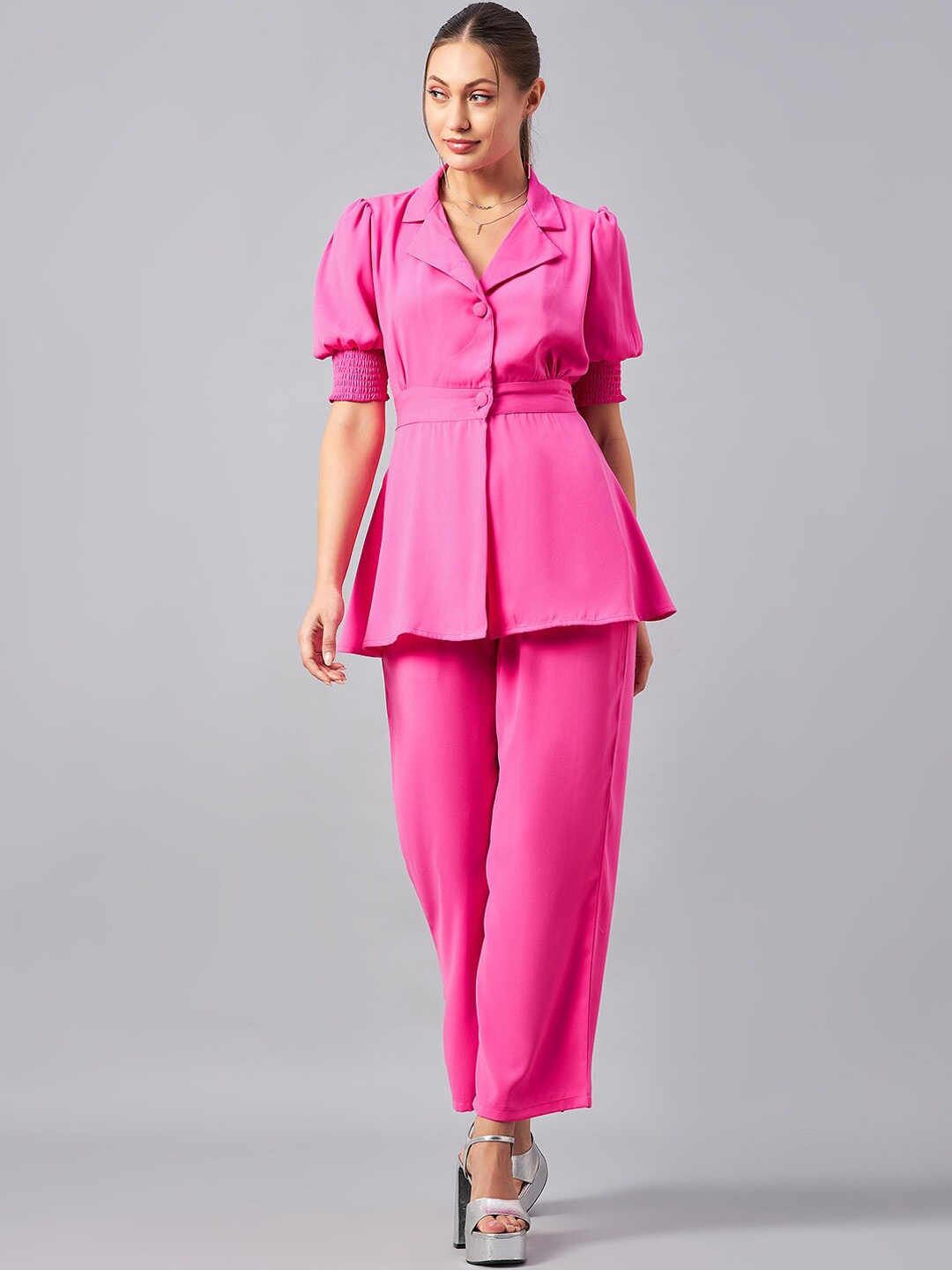 

Antheaa Puffed Sleeves Blazer and Trousers Co-Ords, Pink