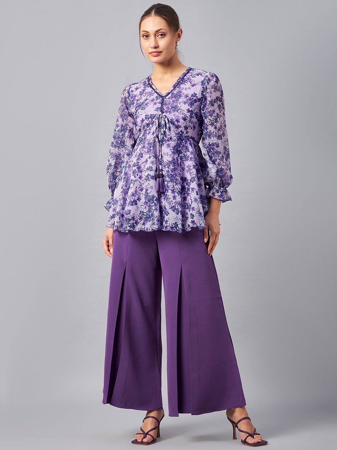 

Antheaa Floral Printed V-Neck Tunic With Flared Palazzos, Purple