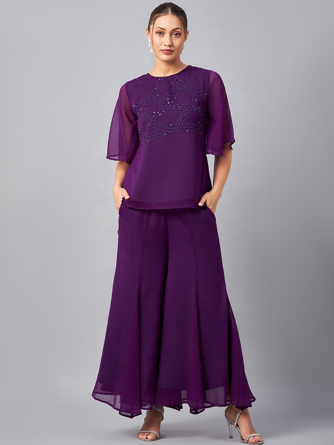 

Antheaa Sequin Embroidered Top With Palazzo Co-Ords, Purple