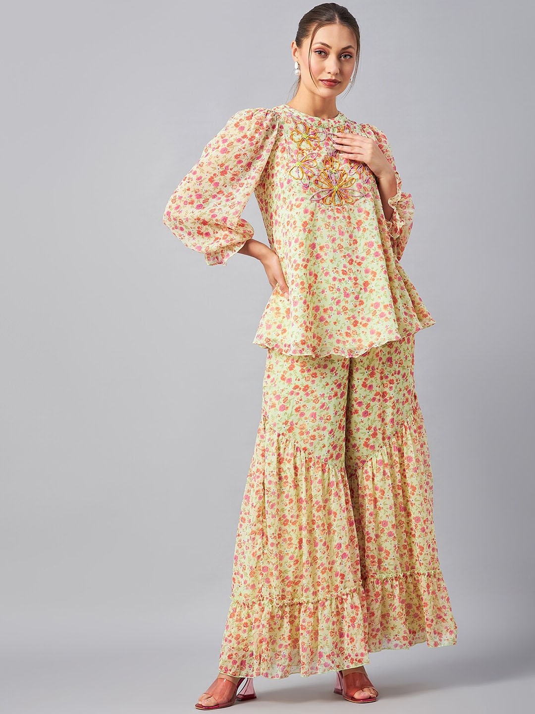 

Antheaa Floral Printed Beaded Detailed Top With Sharara Co-Ords, Yellow