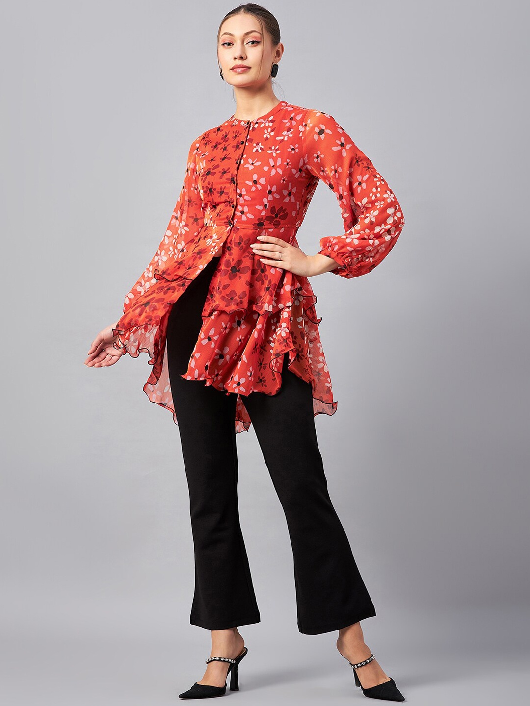 

Antheaa Floral Printed Mandarin Collar Tunic With Trousers Co-Ords, Rust