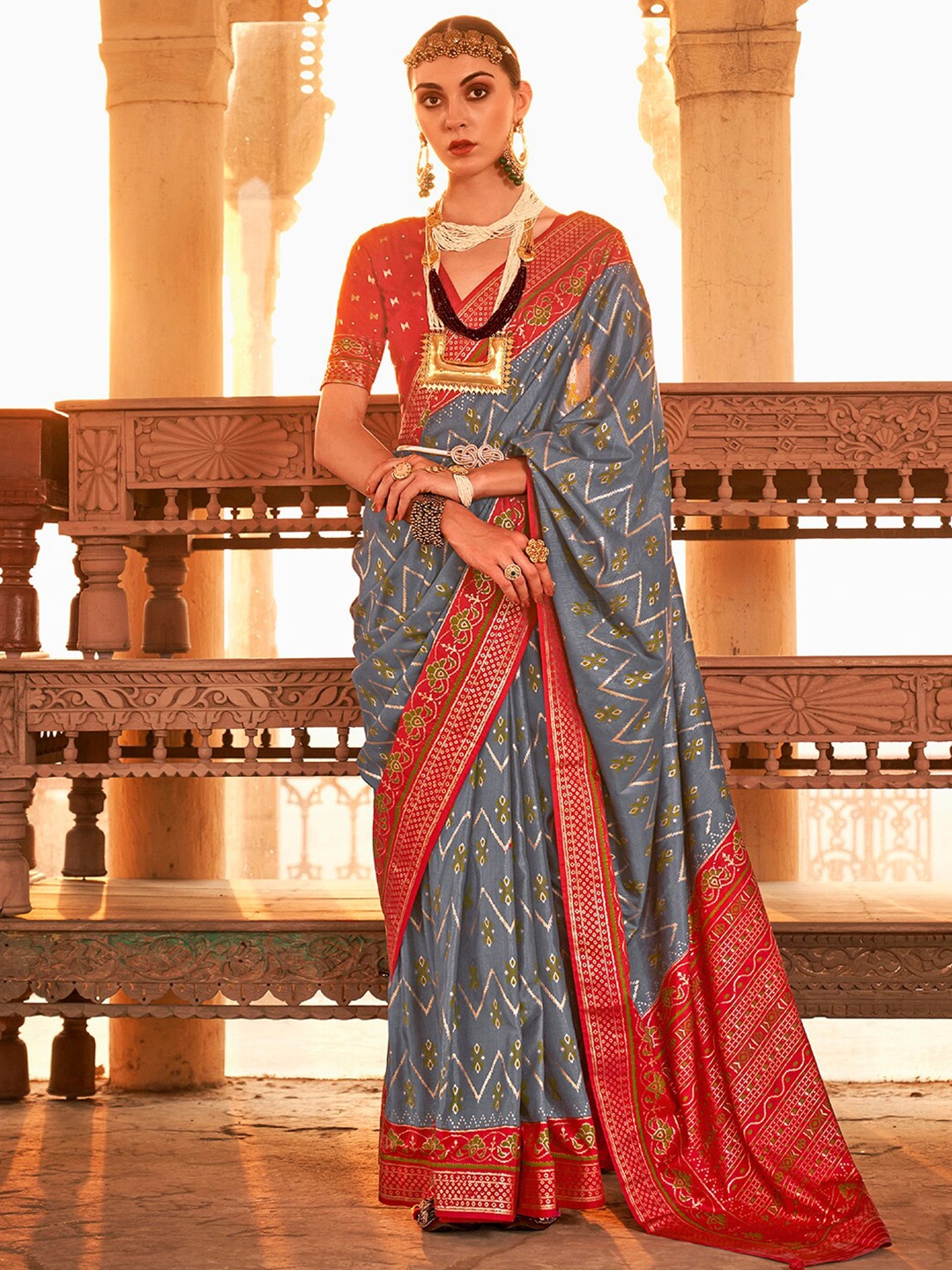 

Anouk Grey & Red Ethnic Woven Design Zari Patola Saree