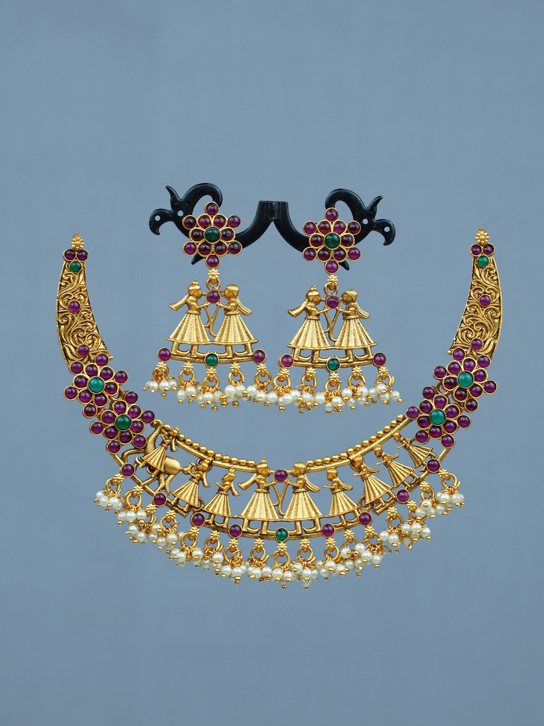 

Diksha collection Gold-Plated Stone-Studded Beaded Necklace & Earrings