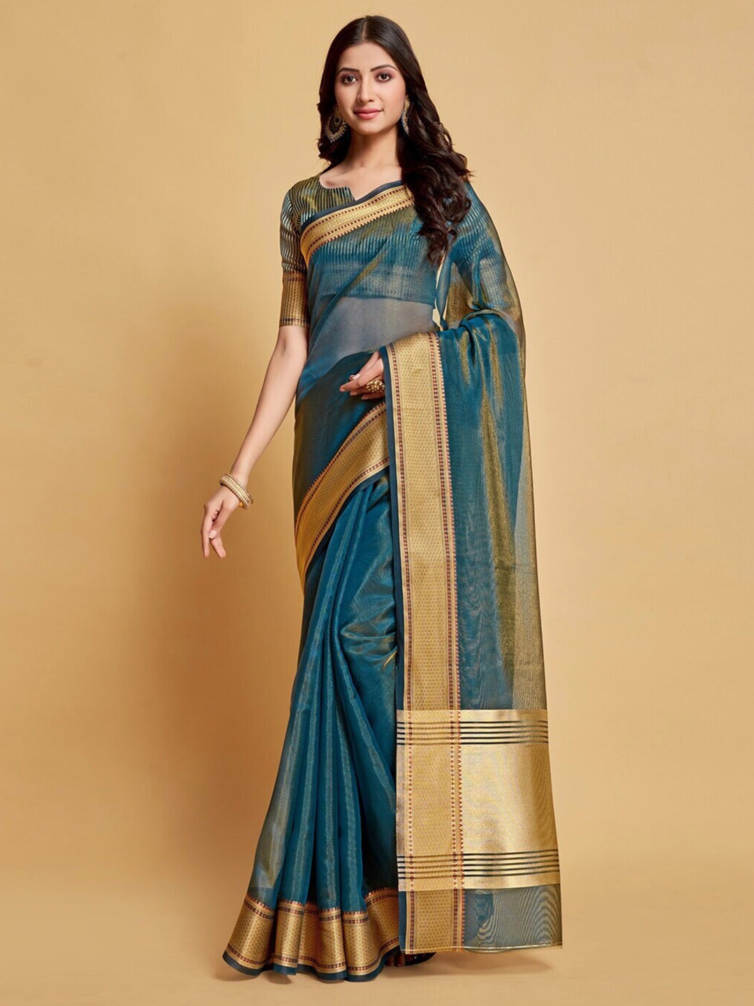 

Mitera Blue & Gold-Toned Zari Organza Banarasi Saree