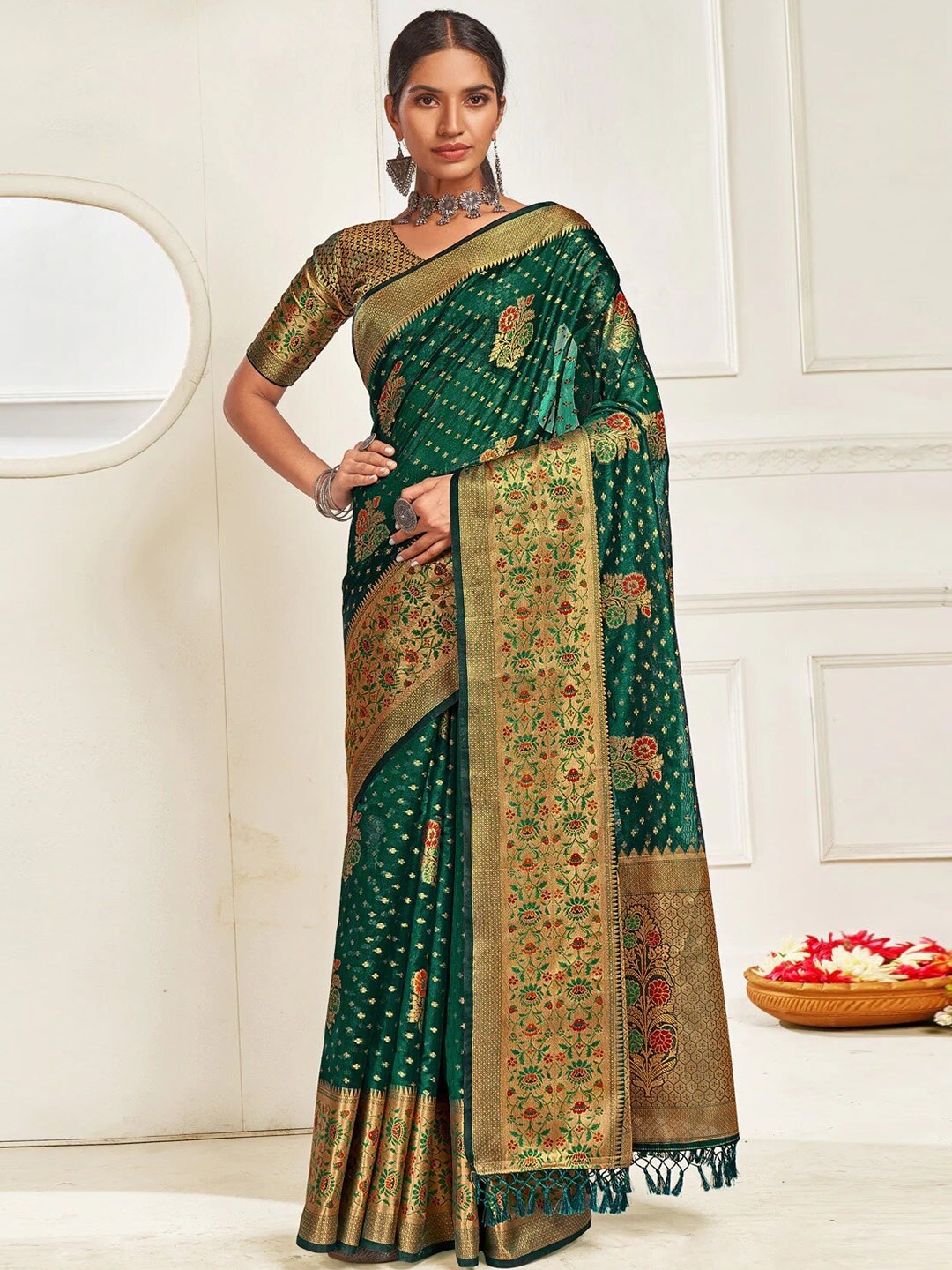 

Mitera Green & Gold-Toned Floral Woven Design Zari Organza Patola Saree