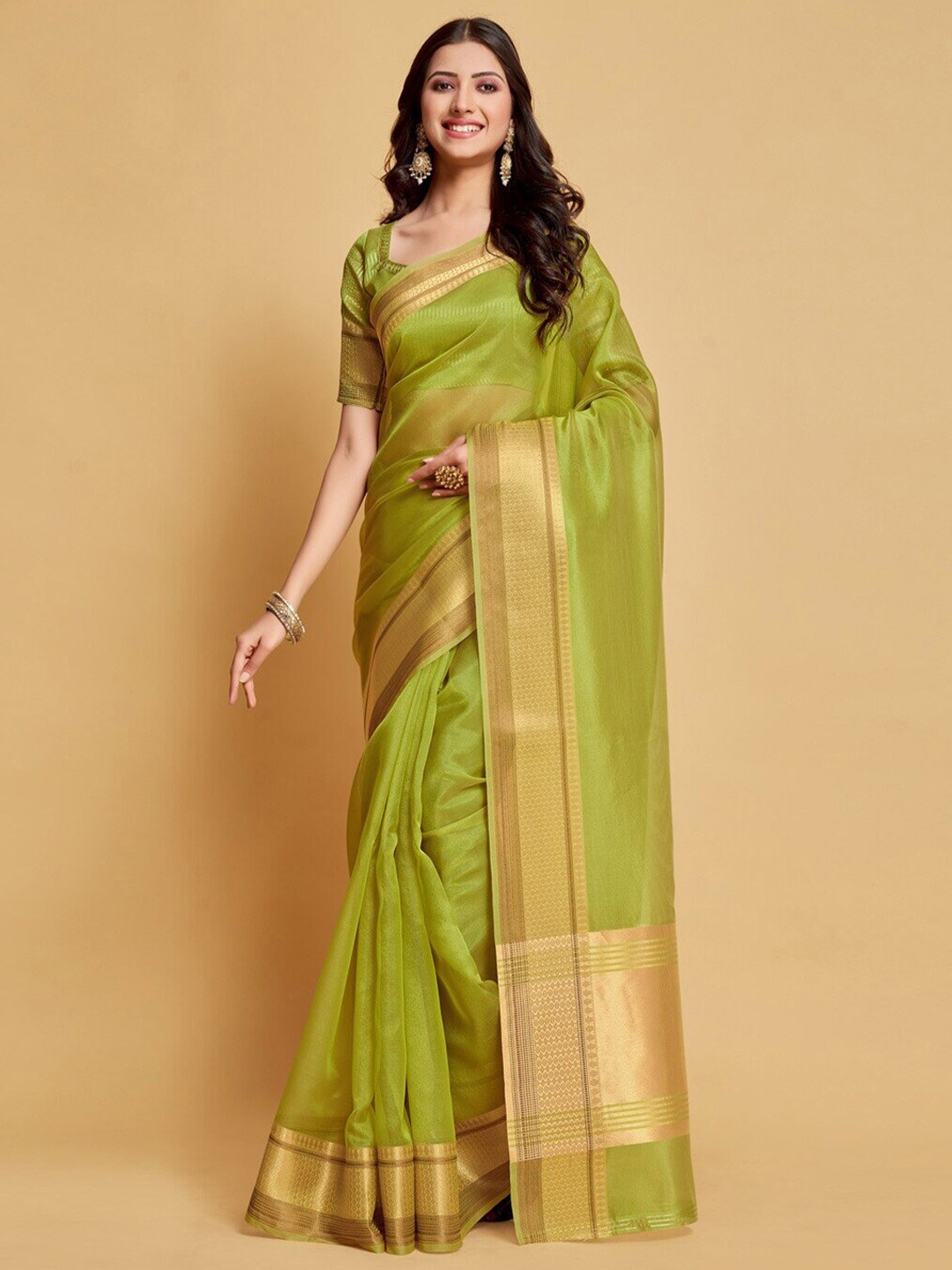 

Mitera Green & Gold-Toned Zari Organza Banarasi Saree