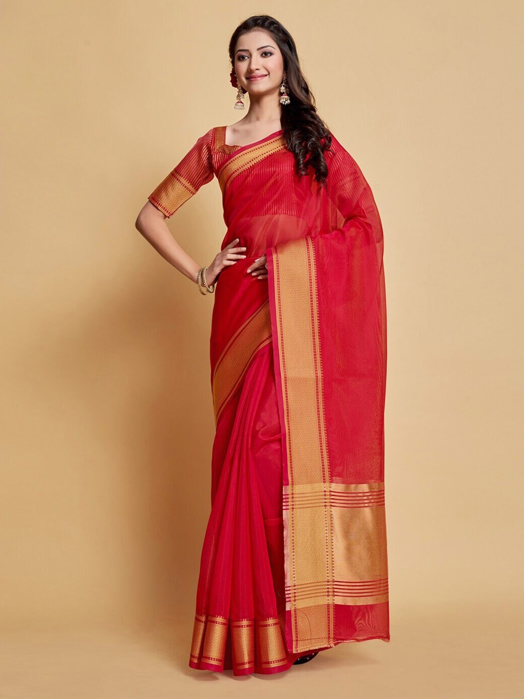 

Mitera Pink & Gold-Toned Zari Organza Banarasi Saree, Red