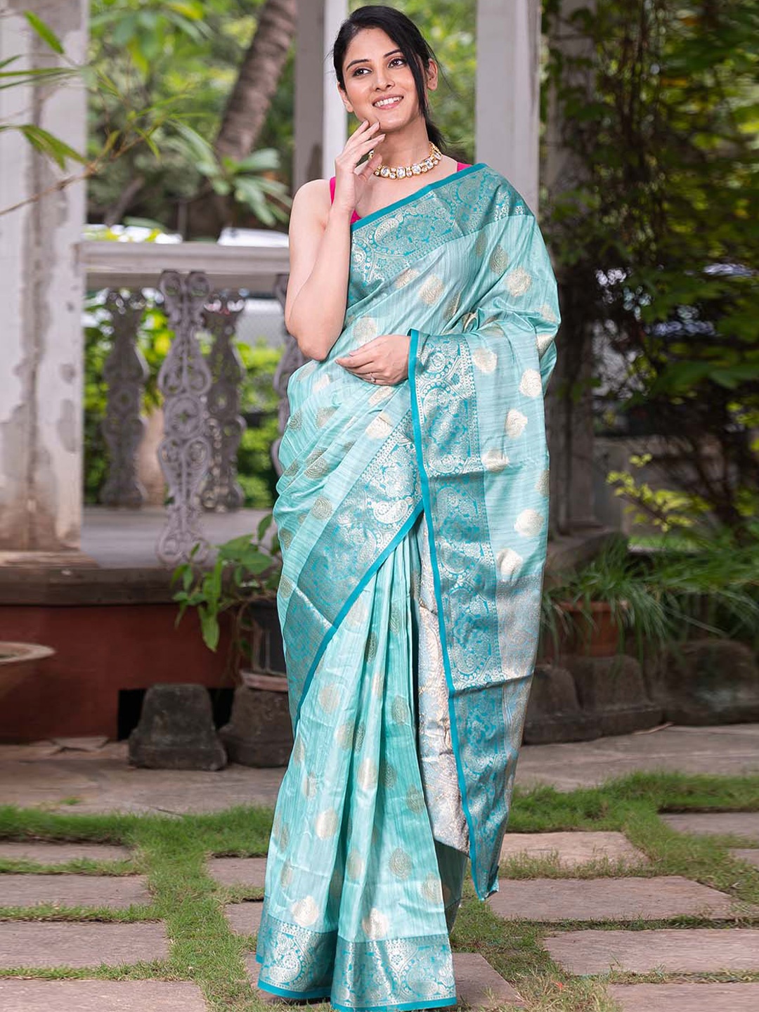 

Mitera Blue & Gold-Toned Ethnic Motif Woven Design Zari Banarasi Saree