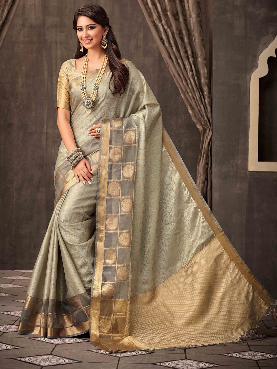 

Mitera Grey Ethnic Motifs Woven Design Art Silk Banarasi Saree, Green