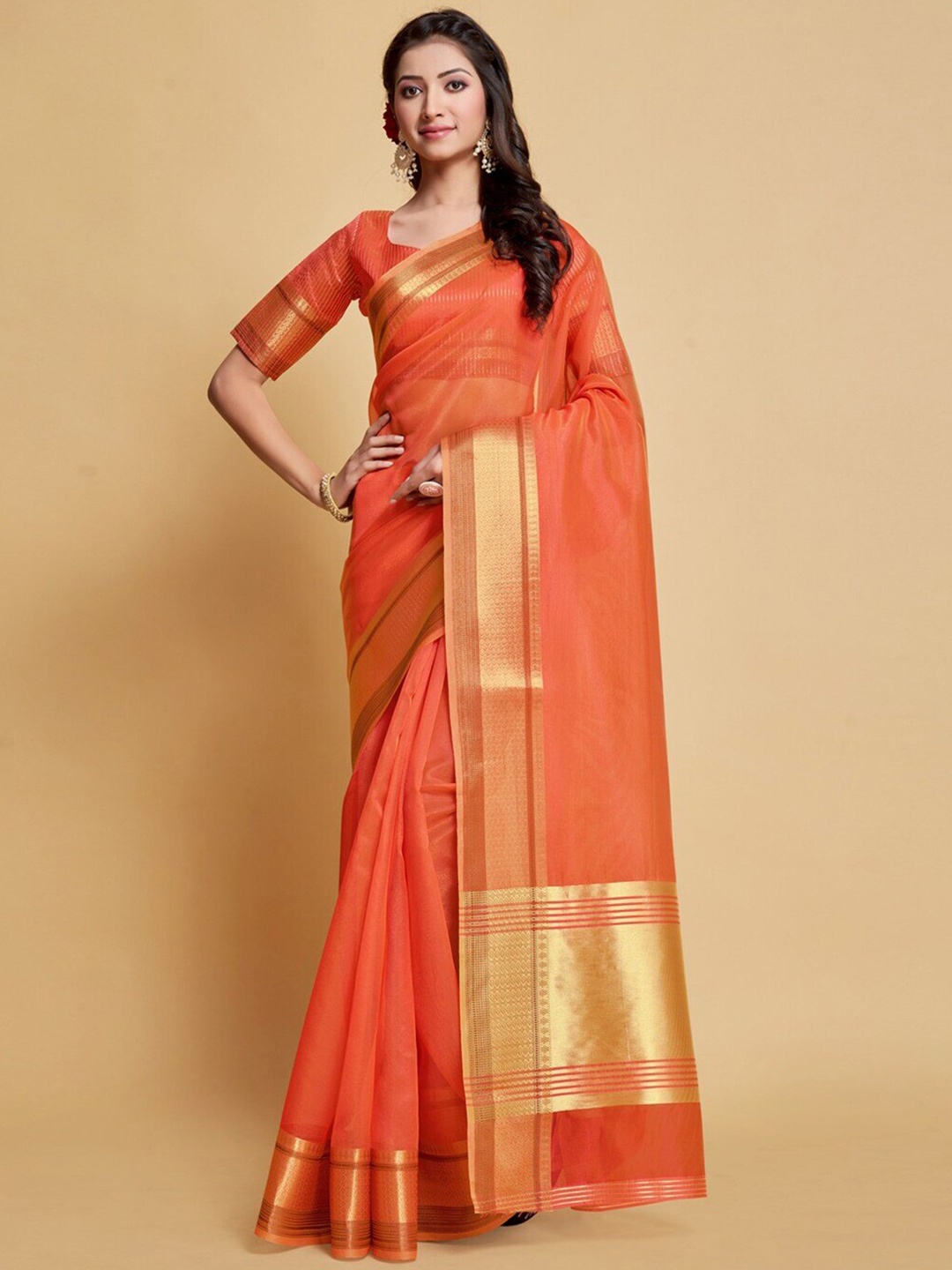 

Mitera Peach-Coloured & Gold-Toned Zari Organza Banarasi Saree