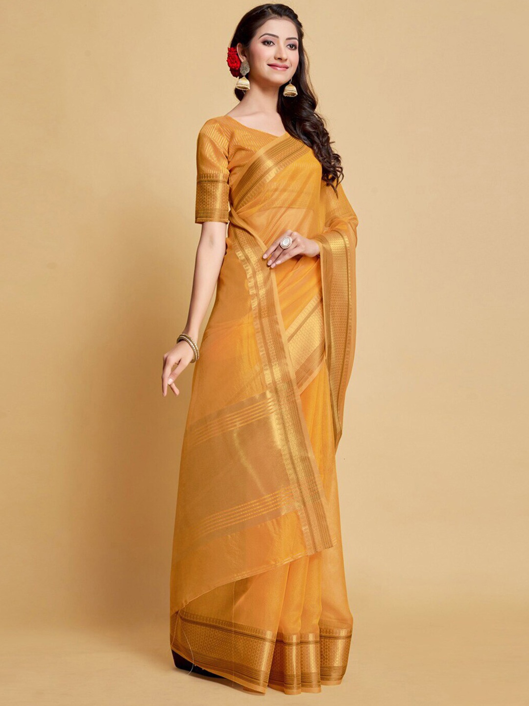 

Mitera Orange & Gold-Toned Zari Organza Banarasi Saree