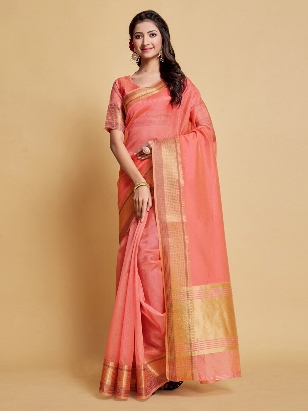 

Mitera Pink & Gold-Toned Zari Organza Banarasi Saree
