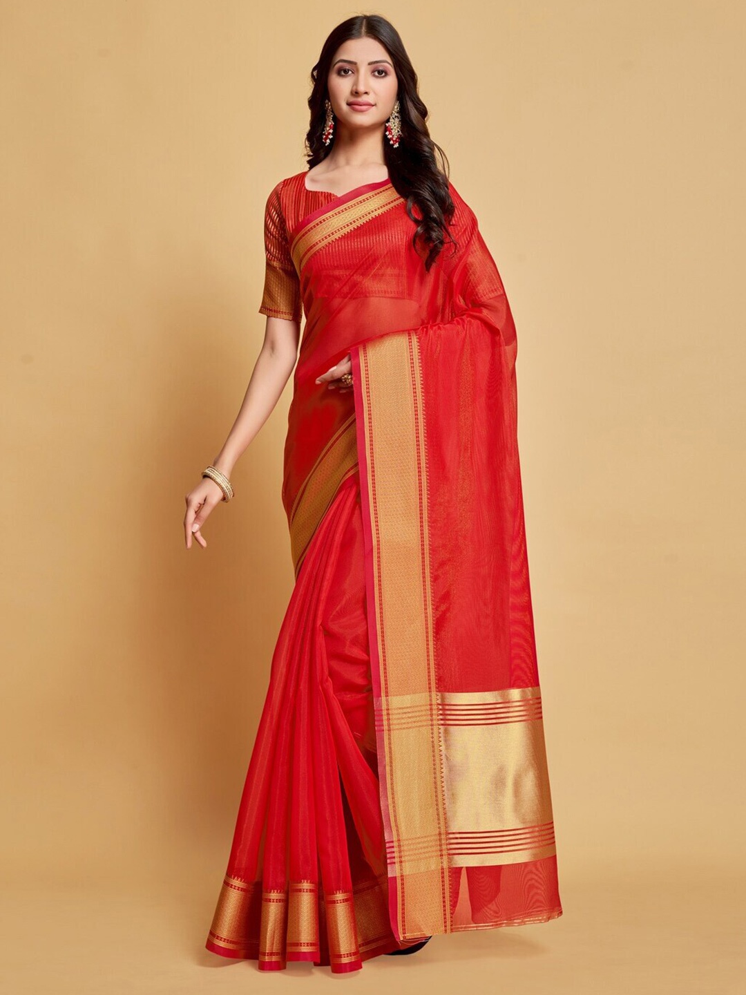 

Mitera Red & Gold-Toned Zari Organza Banarasi Saree