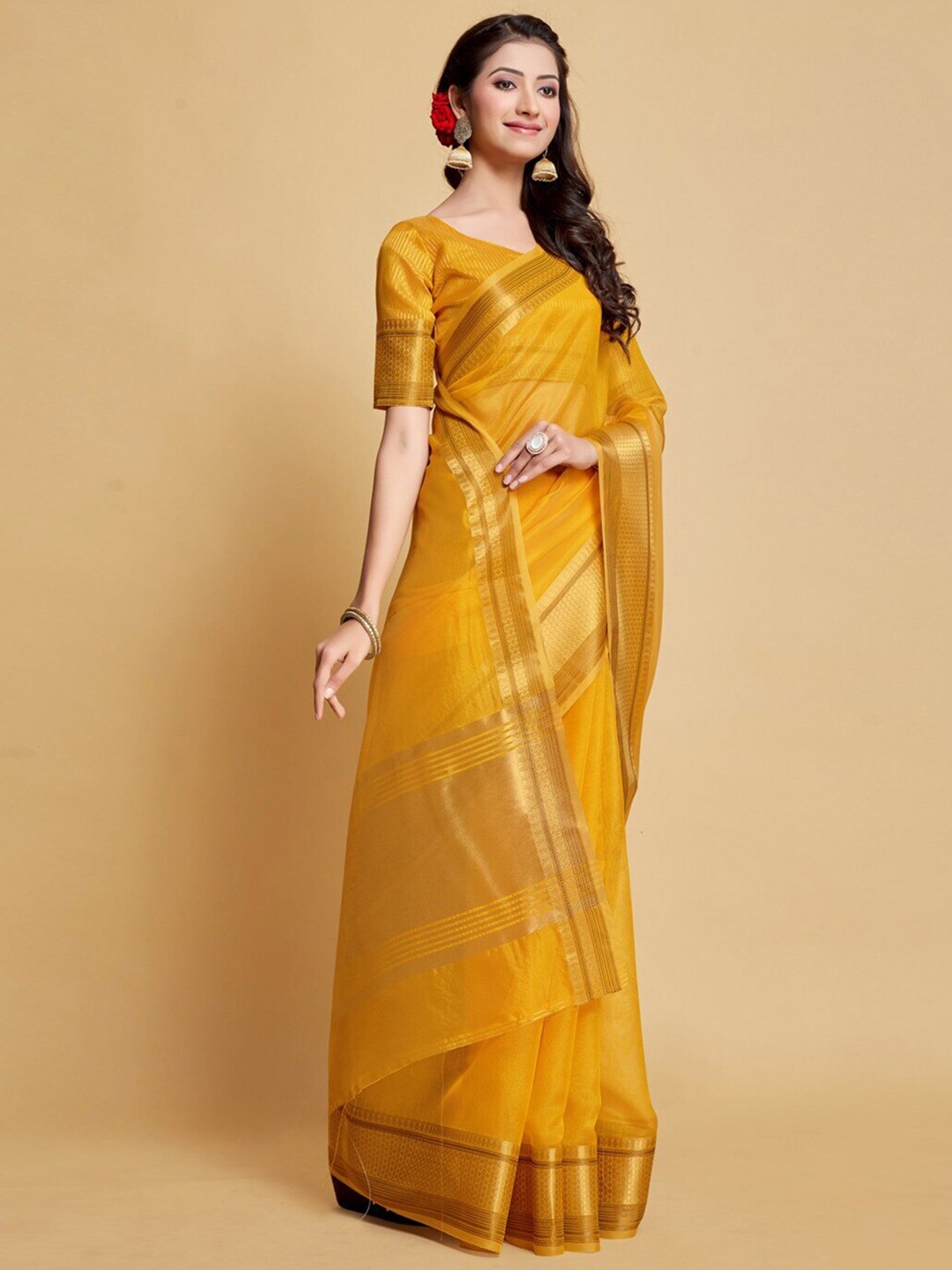 

Mitera Yellow & Gold-Toned Zari Organza Banarasi Saree