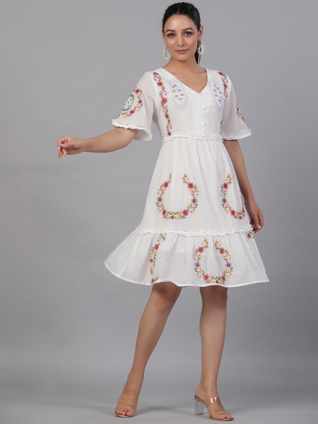 

Aadews Floral Embroidered Flared Sleeve Ruffled Flounce Fit & Flare Cotton Dress, White