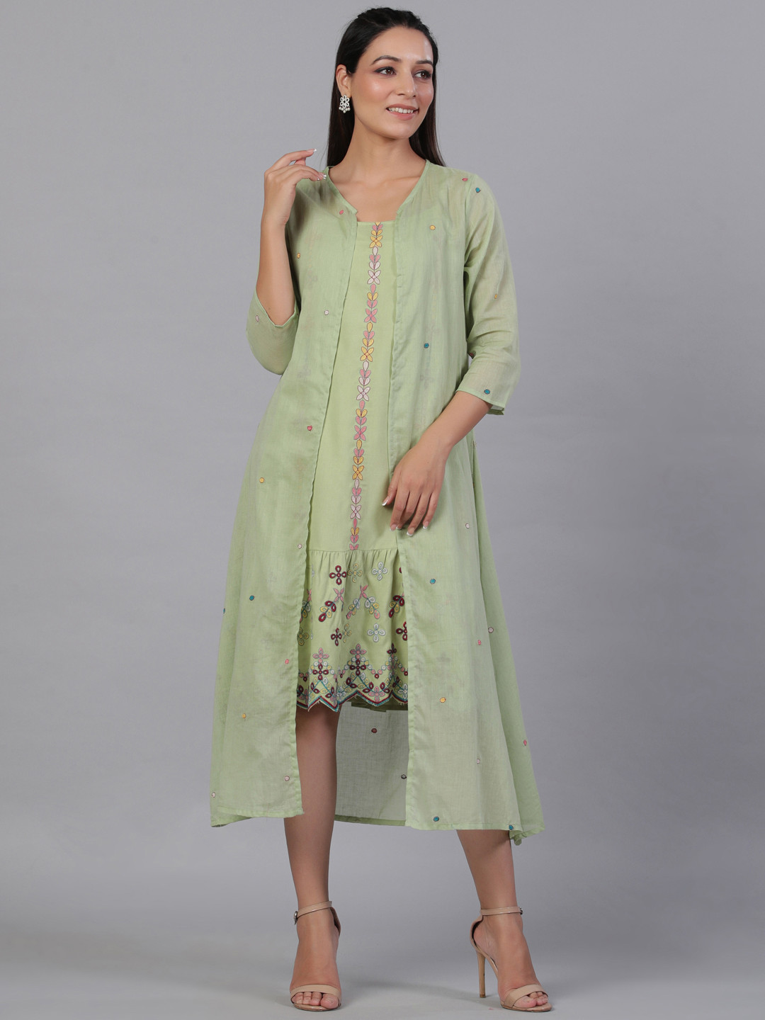 

Aadews Embroidered Shoulder Straps A-Line Dress, Green