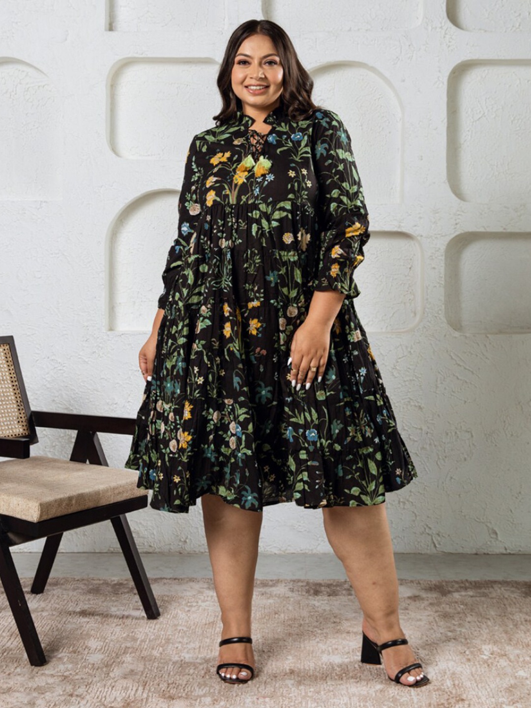 

Aadews Floral Printed Tie-Up Neck Cotton A-Line Dress, Black