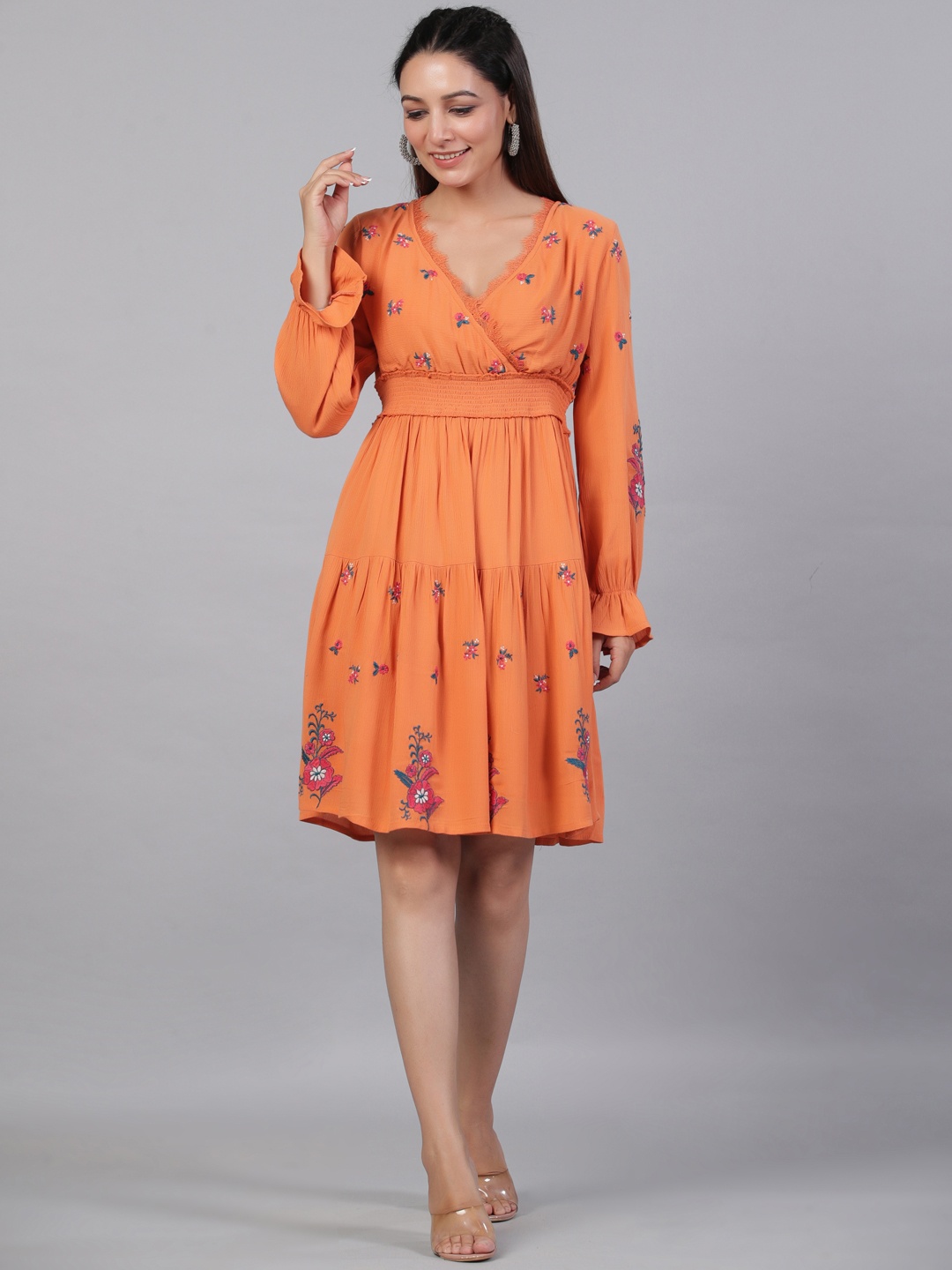 

Aadews Embroidered Smocked V-Neck Puff Sleeve Fit & Flare Dress, Orange