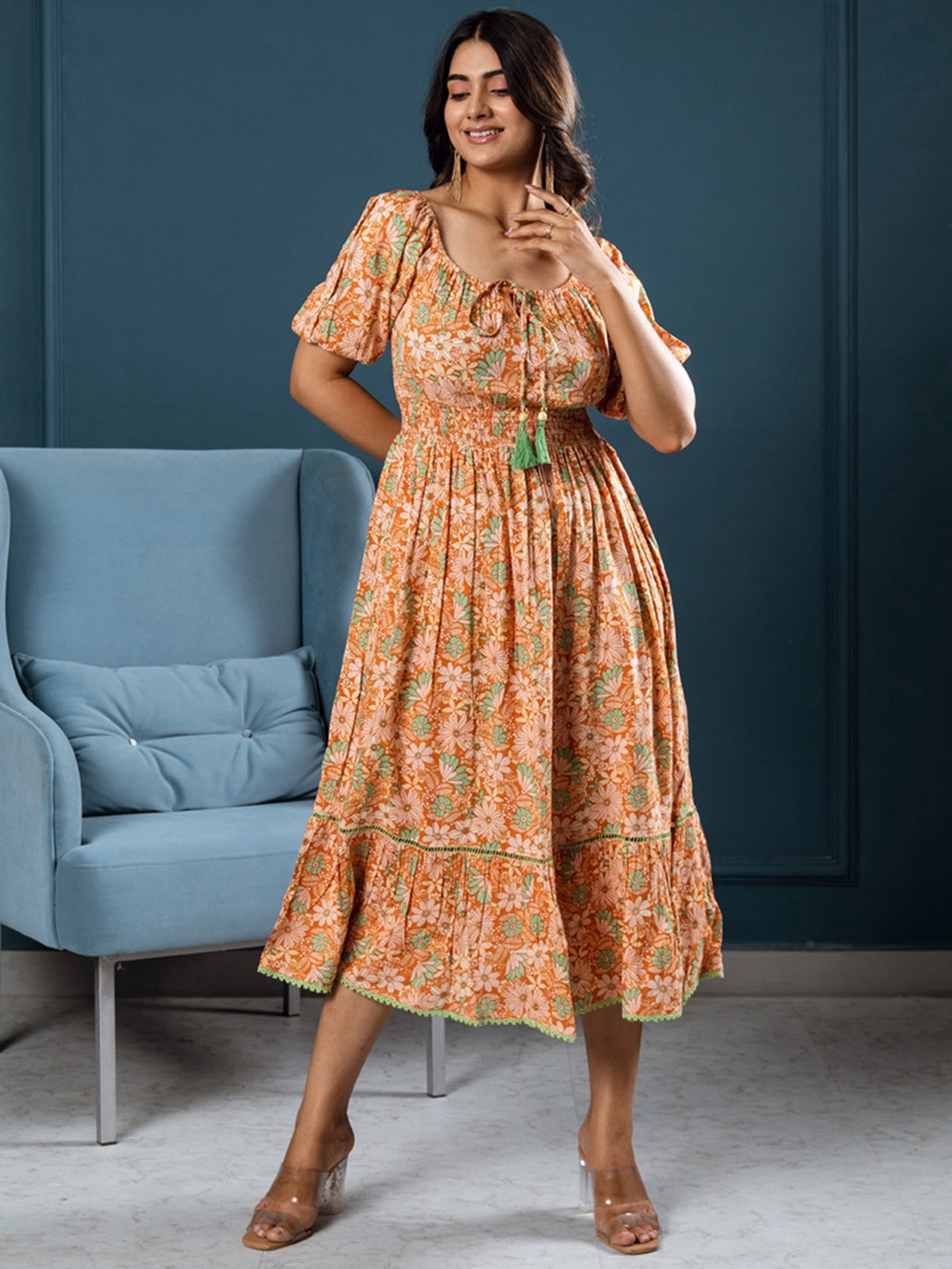 

Aadews Floral Printed A-line Midi Dress, Orange