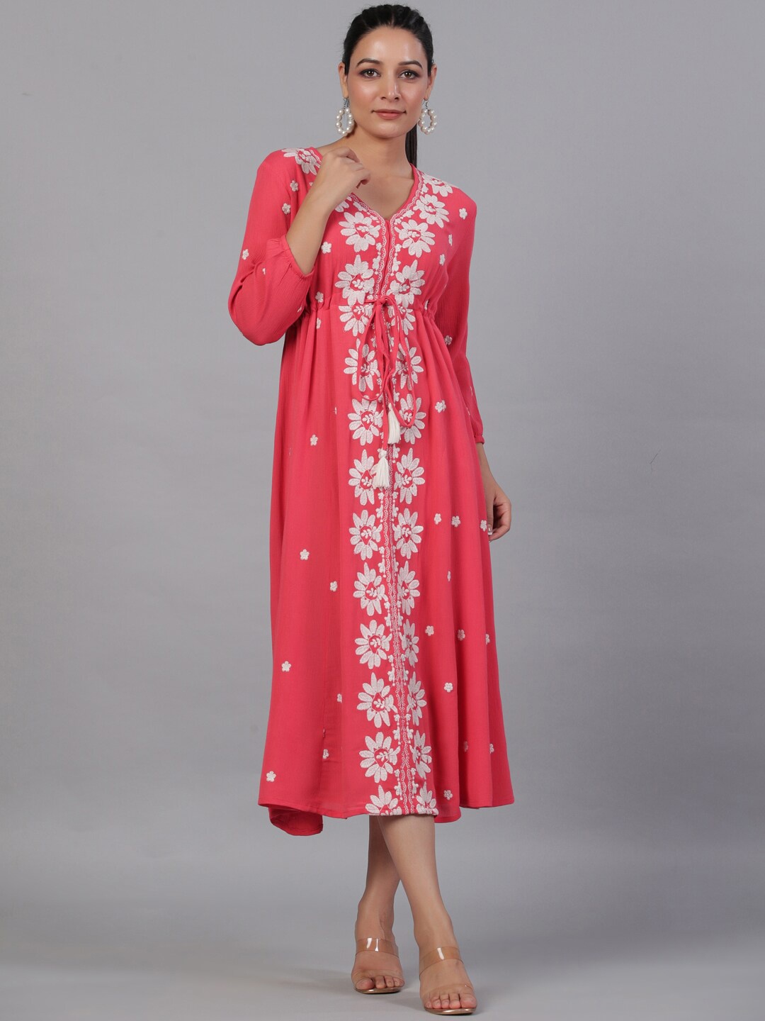 

Aadews Embroidered V-Neck Fit & Flare Midi Dress, Red