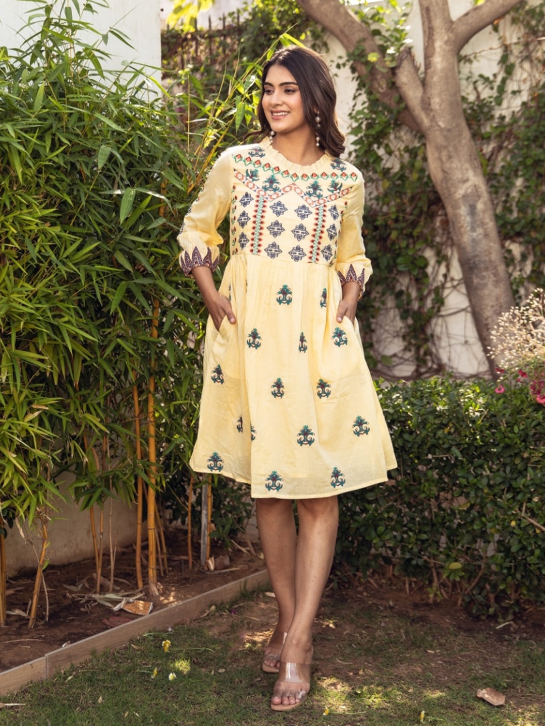 

Aadews Solid Print Embroidered Three Quarter Sleeves Fit & Flare Dress, Yellow