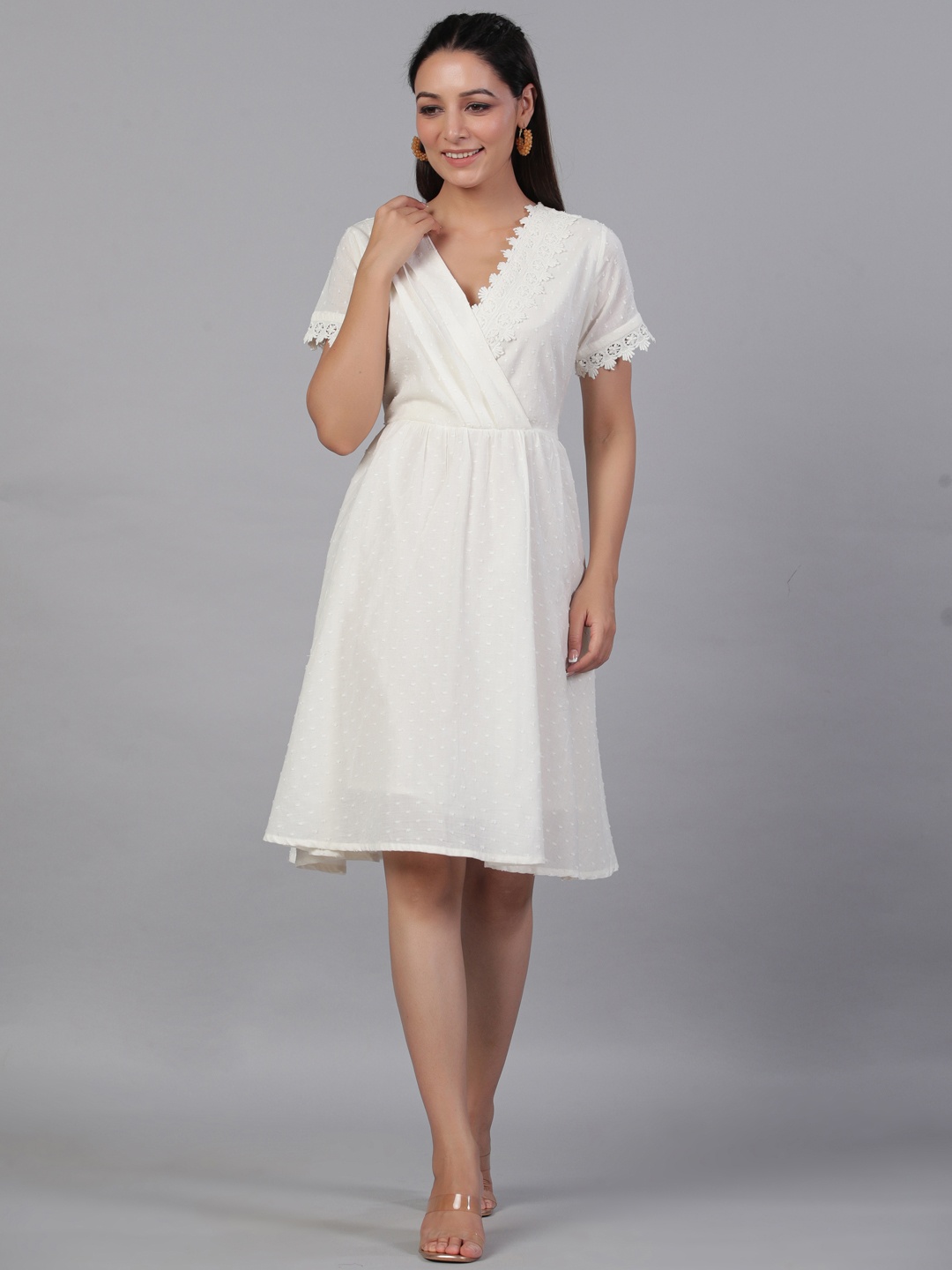 

Aadews Self Design Lace Inserts Wrap Cotton Dress, White