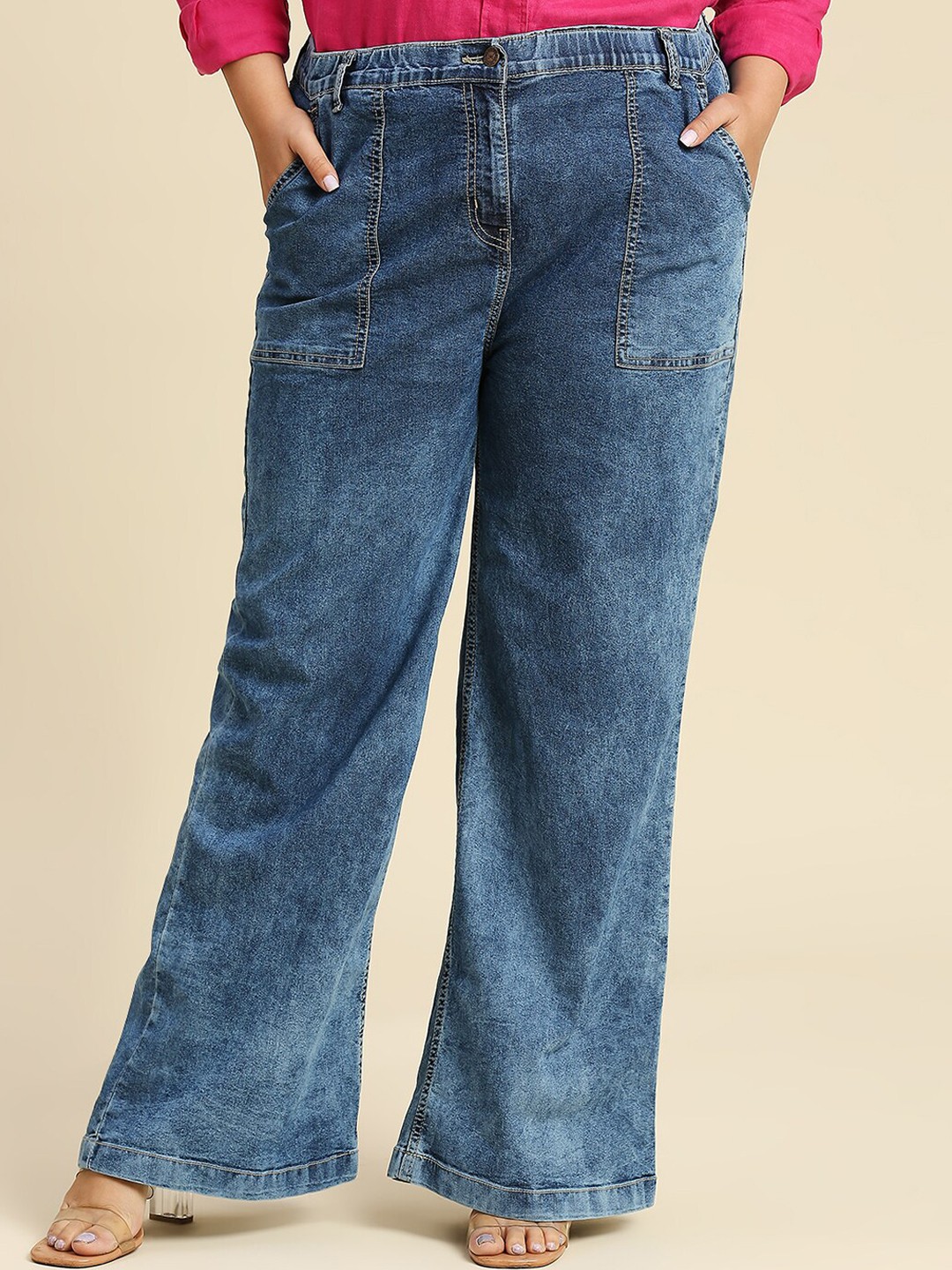 

Freeform by High Star Women Plus Size Comfort Wide Leg High-Rise Heavy Fade Stretchable Jeans, Blue