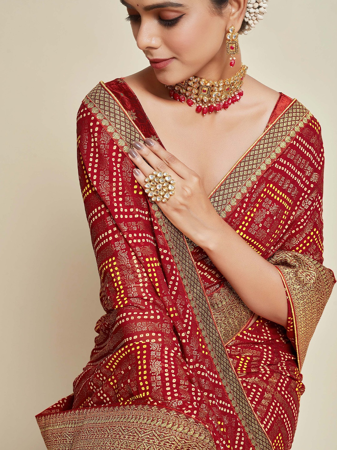 

Sangria Bandhani Zari Georgette Saree, Maroon