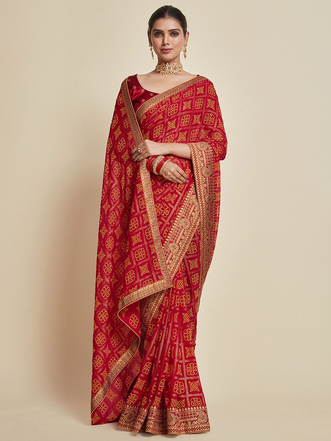 

Sangria Bandhani Embroidered Poly Georgette Saree, Red
