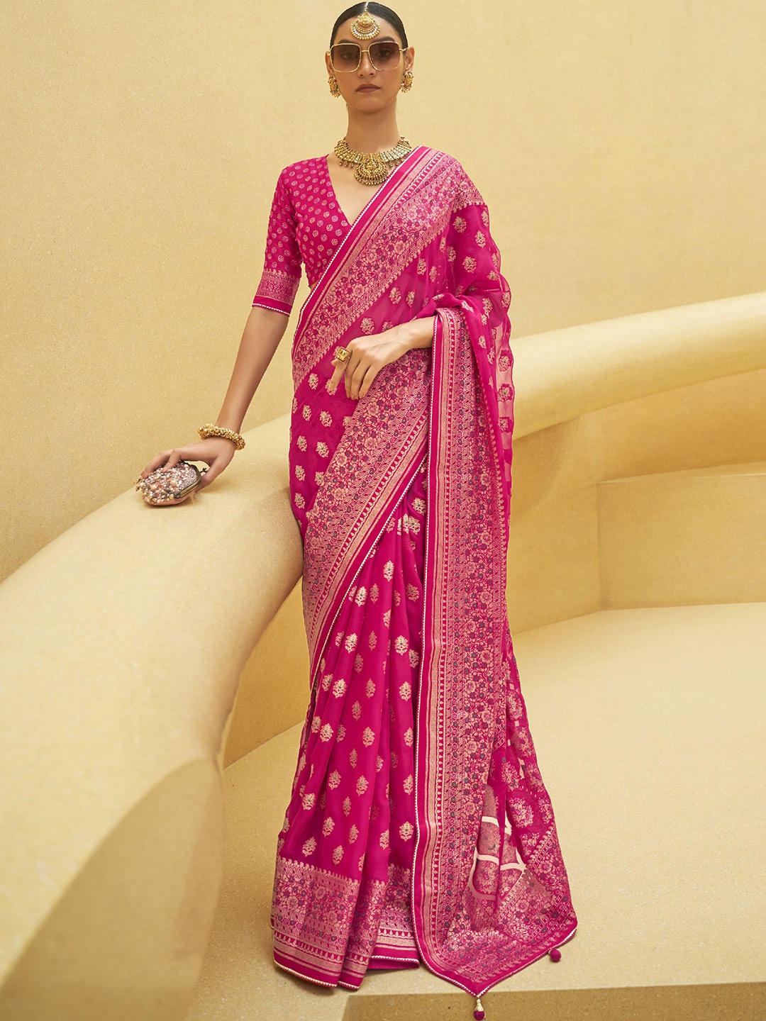 

elora Floral Woven Design Zari Pure Silk Bhagalpuri Saree, Pink