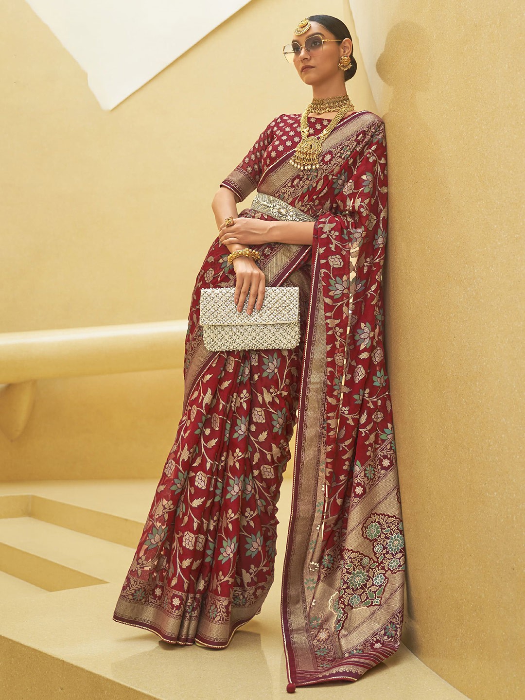 

elora Floral Woven Design Zari Pure Silk Bhagalpuri Saree, Maroon