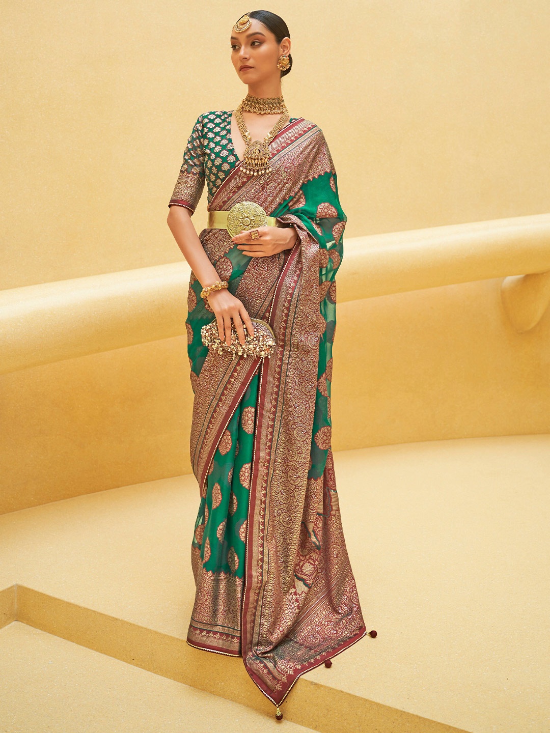 

elora Floral Woven Design Zari Pure Silk Bhagalpuri Saree, Green