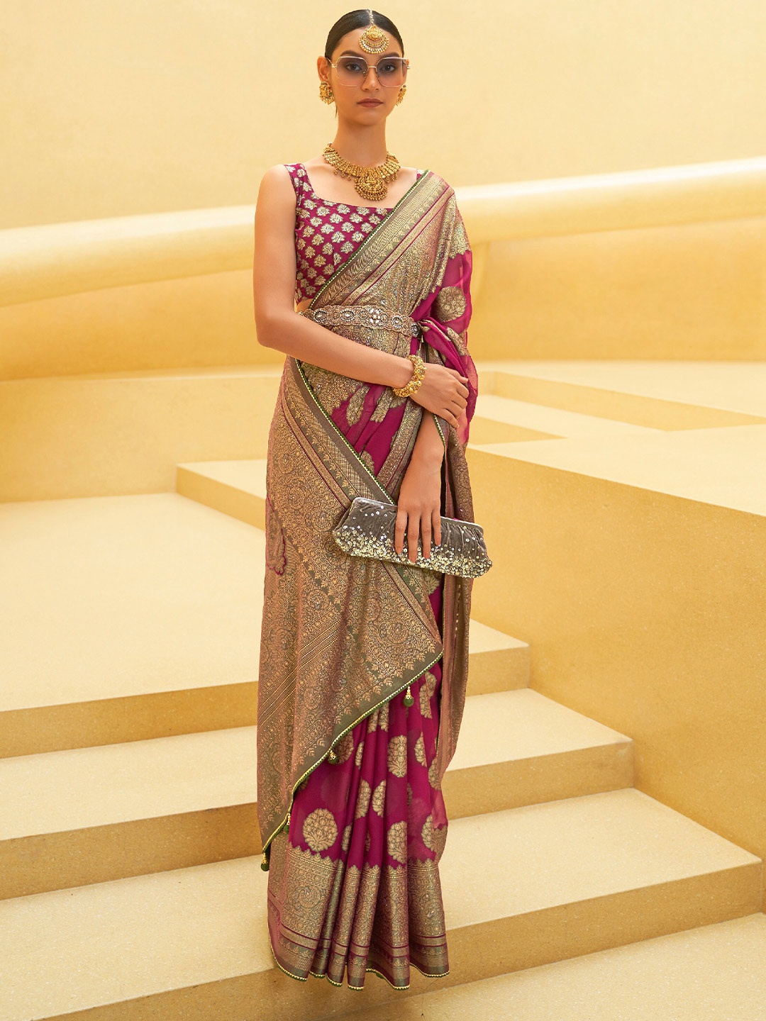 

elora Floral Woven Design Zari Pure Silk Bhagalpuri Saree, Magenta
