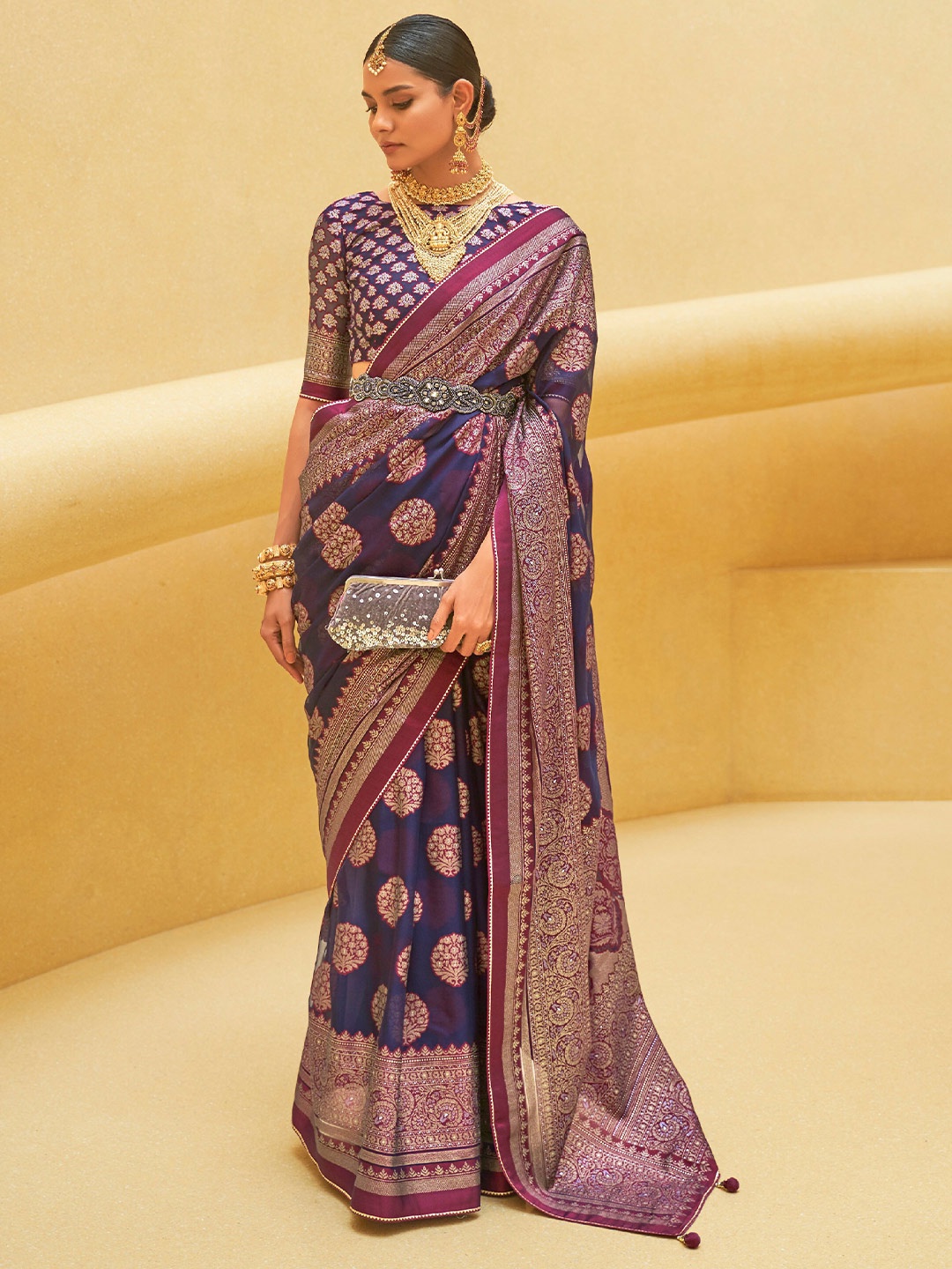 

elora Floral Woven Design Zari Pure Silk Bhagalpuri Saree, Navy blue