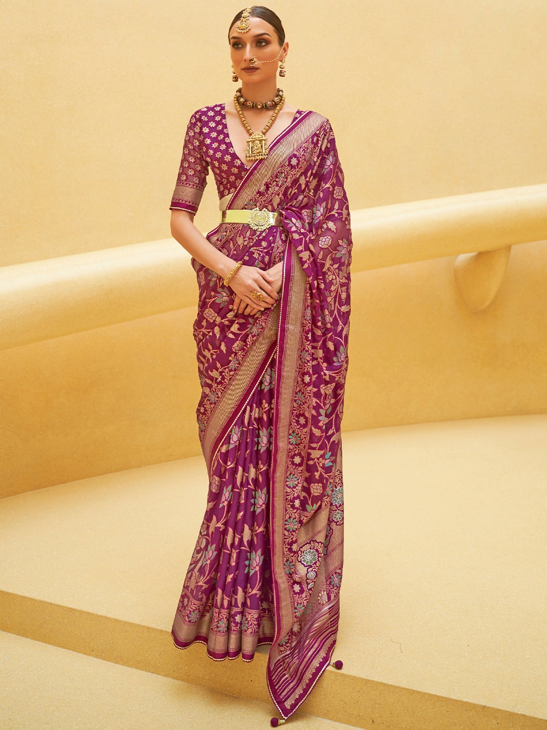 

elora Floral Woven Design Zari Pure Silk Bhagalpuri Saree, Purple