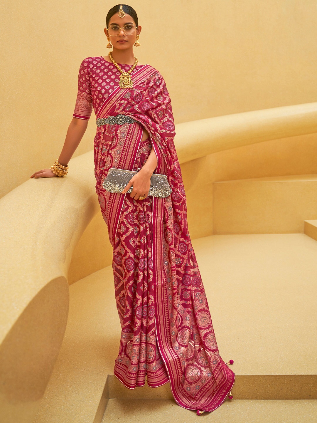 

elora Floral Woven Design Zari Pure Silk Bhagalpuri Saree, Pink