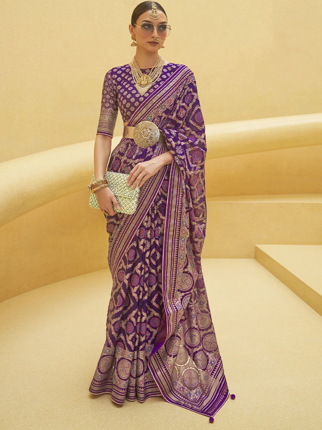 

elora Ethnic Motif Woven Design Zari Pure Silk Bhagalpuri Saree, Violet