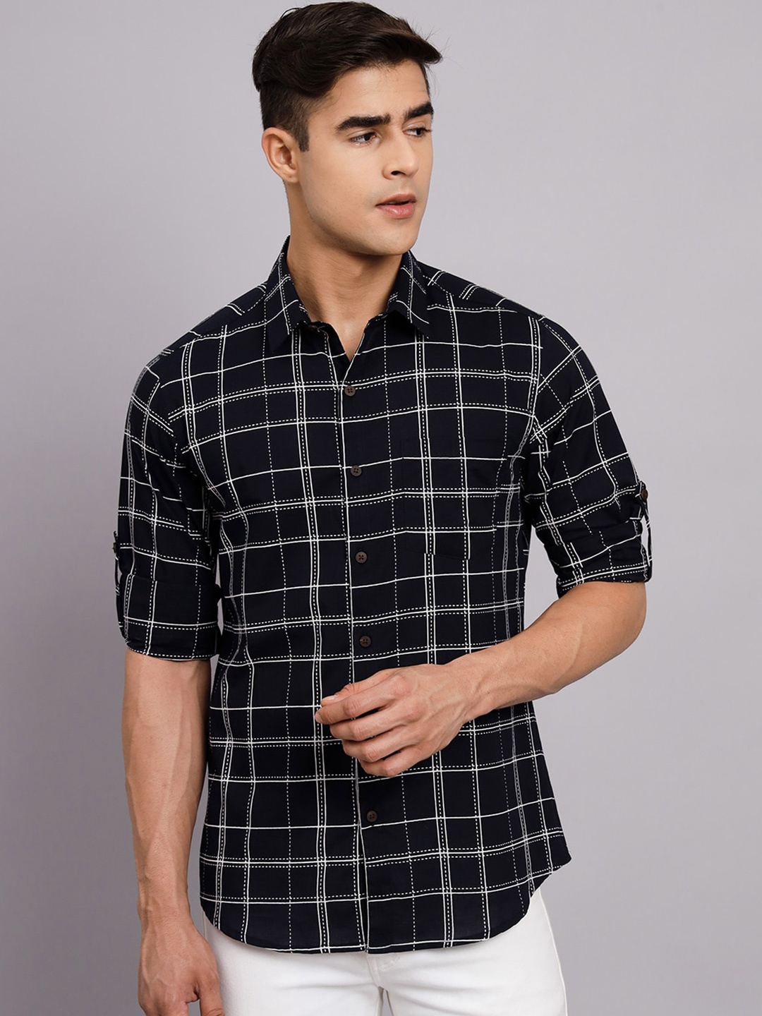 

Sutidora Classic Windowpane Checked Pure Cotton Shirt, Black