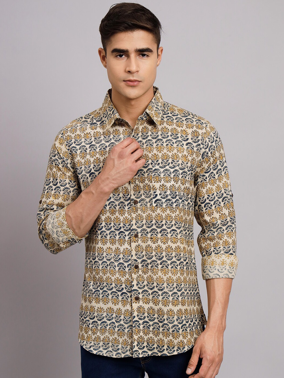 

Sutidora Classic Ethnic Motifs Printed Pure Cotton Shirt, Beige