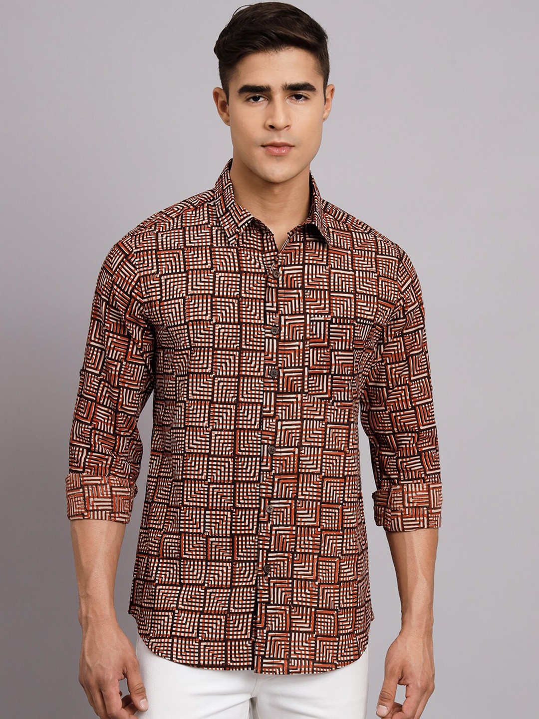 

Sutidora Classic Geometric Printed Pure Cotton Shirt, Brown