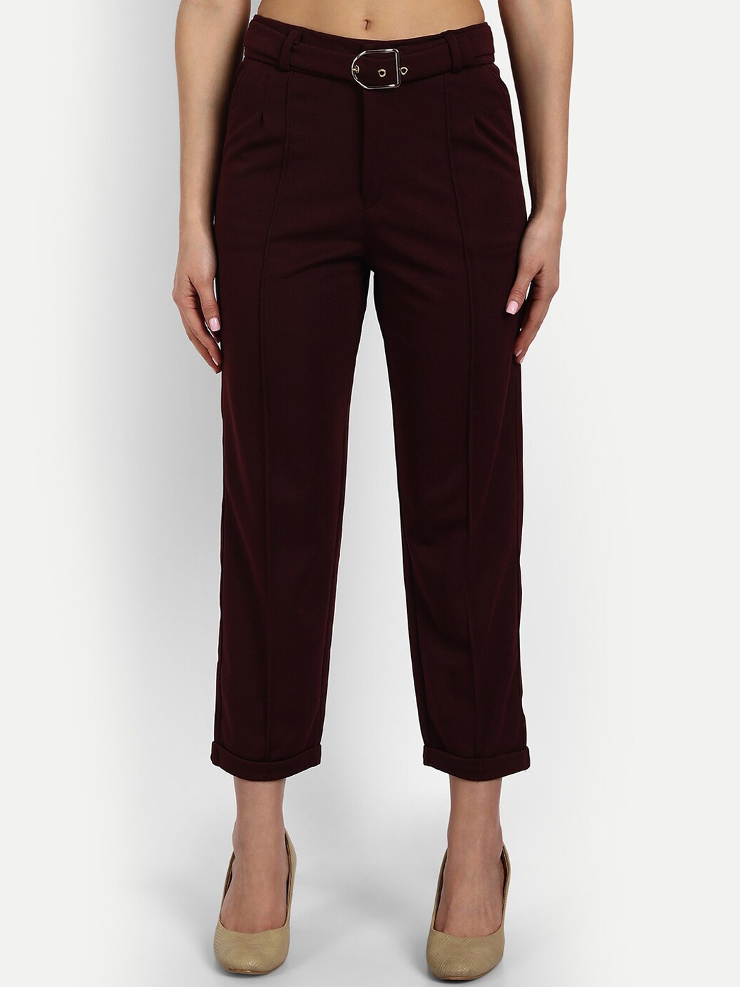 

BROADSTAR Women Relaxed Straight Leg Loose Fit High-Rise Easy Wash Trousers, Maroon