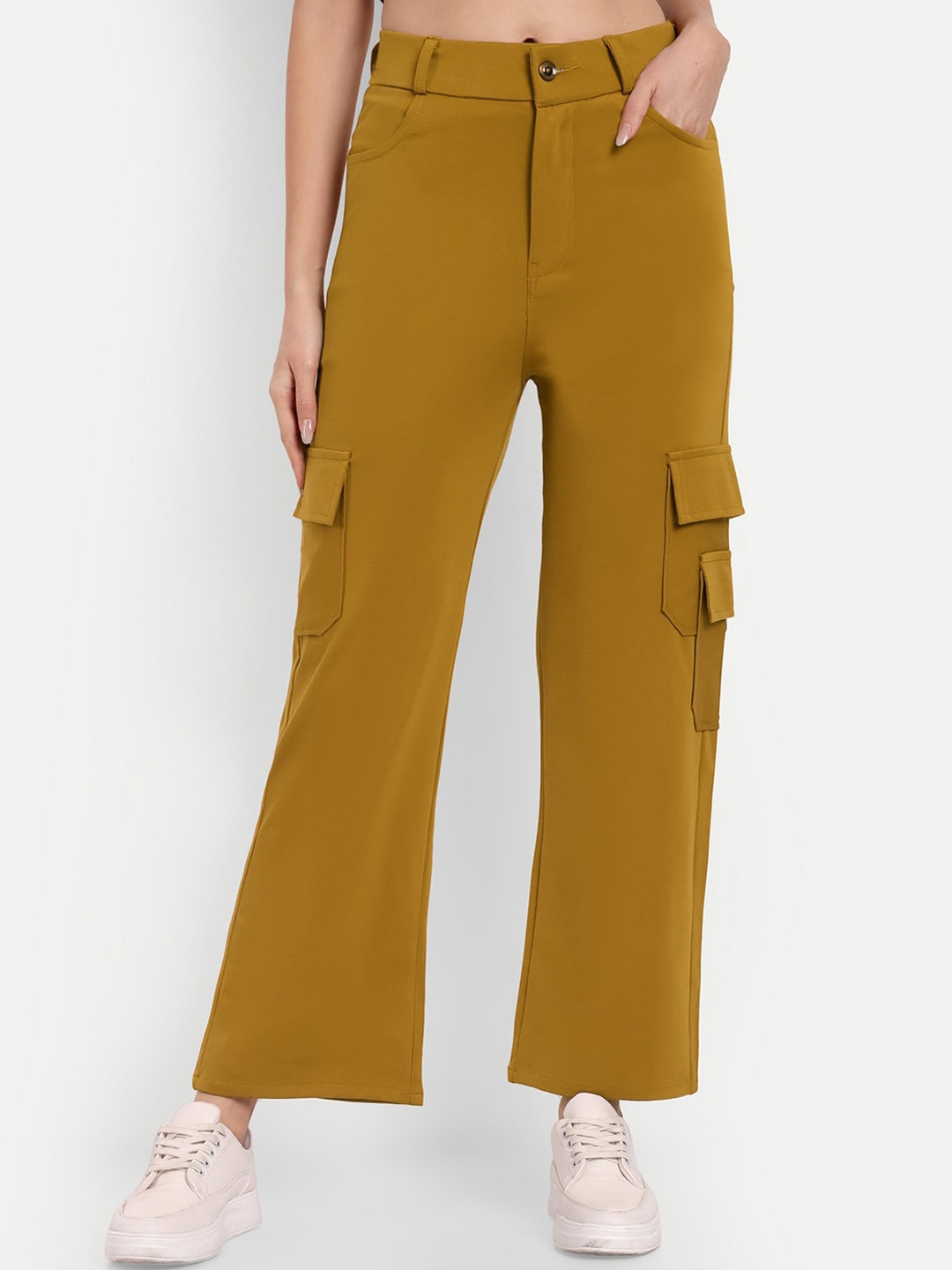 

BROADSTAR Women Smart Straight Fit High-Rise Easy Wash Cargos Trousers, Mustard